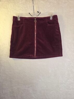 Mudd FLX Stretch Burgundy Corduroy Mini Skirt Front Zip Y2K Dark Academia Sz 17
